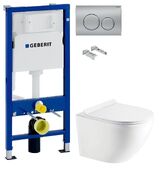 Инсталляция Geberit Duofix 458.103.00.1 с клавишей Delta20 хром матовый + Унитаз подвесной Koller Pool Round Smart RN-0490-RW с сиденьем Soft Close