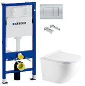 Инсталляция Geberit Duofix 458.103.00.1 с клавишей Delta30 хром матовый + Унитаз подвесной Koller Pool Round Rimless RN-0520-RW с сиденьем Soft Close