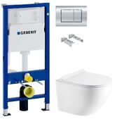 Инсталляция Geberit Duofix 458.103.00.1 с клавишей Delta30 хром глянцевый + Унитаз подвесной Koller Pool Round Rimless RN-0520-RW с сиденьем Soft Close